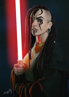 a woman with dreadlocks and makeup holding a lite up light saber in her hand