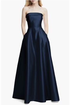 Alfred Sung, Strapless Prom Dress, Navy Bridesmaid Dresses, Prom Dress Inspiration, Strapless Gown, Blue Bridesmaid Dresses, Blue Bridesmaids, Satin Gown, A Line Gown