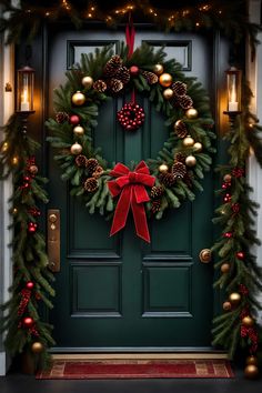 a green door decorated with christmas wreaths and lights