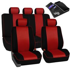 red and black car seat covers with matching headrests for the front row, set of four