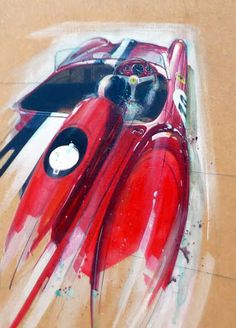 a painting of a red race car on the side of a building