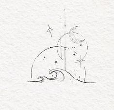 an artistic drawing on paper with stars and waves in the foreground, as if it were drawn by hand