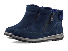 David Tate Tessa - Women's Shoes : Navy Suede : The David Tate Tessa boots look stylish and keep your feet warm and cozy. Suede upper. Tricot lining. Removable man-made insole. Dual zippered side closure. Round toe. Contrasting stitching on the welt. Dyed faux fur detail around the collar. Skid-resistant grooved rubber outsole. The boots contain faux fur. Imported. Measurements: Heel Height: 1 ¼ in Boot Shaft Height: 4 in Shaft Circumference: 10 ½ in Single Shoe Weight: 14 oz. Weight of footwear Casual Winter Boots With Zipper Closure, Winter Outdoor Boots With Zipper Closure, Contrasting Stitching, The David, Look Stylish, Wedge Sneaker, Product Reviews, Warm And Cozy, Women's Shoes