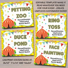 three circus ticket cards with the words, ring poop and carnival tent on them