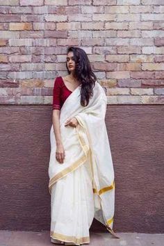 Red Blouse And Saree Combination, Red Blouse With Kerala Saree, Half White Saree With Contrast Blouse, Kerala Saree Blouse Designs Traditional, White Saree Red Blouse, Onam Saree Kerala Blouse