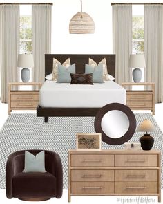 a bedroom is shown with furniture and decor in shades of brown, white, and blue