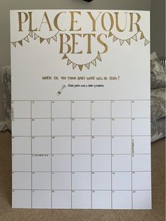 a calendar with the words, place your pets written on it and bunting flags