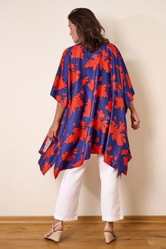 Violet kaftan robe featuring red abstract hand block print, drop shoulder with oversized sleeves and side slits. - Aza Fashions Red Oversized Bohemian Kaftan, Red Kimono With Kimono Sleeves For Beach, Red Kimono With Kimono Sleeves For Beach Cover-up, Red Floral Print Tunic Kaftan, Red Floral Print Kaftan With Kimono Sleeves, Red Kaftan With Floral Print And Kimono Sleeves, Oversized Red Kimono, Red Loose Fit Kimono, Red Spring Kaftan With Vibrant Print