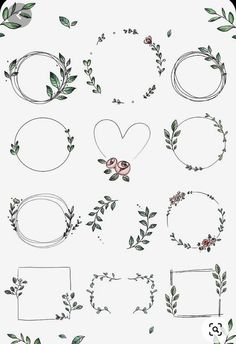 various hand drawn frames with leaves and flowers on them, all in different shapes and sizes