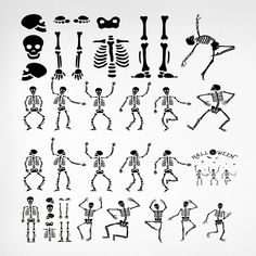 an image of skeleton dancing in different positions on white paper with black and white ink