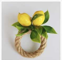 a rope ring with lemons on top of it and green leaves hanging from the end