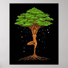 a woman is doing yoga in front of a tree with stars and the moon above her