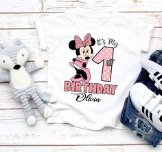 a minnie mouse birthday shirt with the number one on it and two stuffed animals next to it