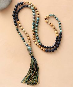 Affordable Mala Necklace Lava Stone and Jasper. FREE International Shipping. Outstanding craftsmanship. Inspired by Autumn colors and the deep longing for warmth that it brings. Mala Jewelry, Yoga Necklace, Long Tassel Necklace, Mala Bead Necklace, Natural Gemstone Necklace, Bracelets Diy, Long Beaded Necklace, Mala Necklace, Mala Beads