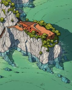 an animated image of a house on top of a mountain with trees growing out of it