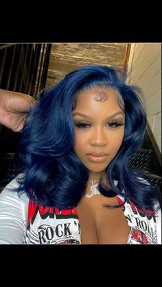 Blue Wig Styles For Black Women, Outfits With Blue Hair Black Women, Blue And Black Lace Front Wig, Navy Blue Lace Front Wig, Blue Wig Install Black Women, Navy Blue Wigs For Black Women, Navy Blue Hair Black Women, Blue Hair Outfit Style Clothes, Blue Weave Hairstyles