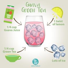 a glass filled with pink liquid and ice cubes next to a bag of green tea