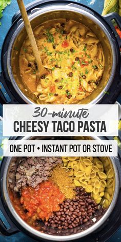 two bowls filled with taco pasta, beans and tortilla sauce on top of each