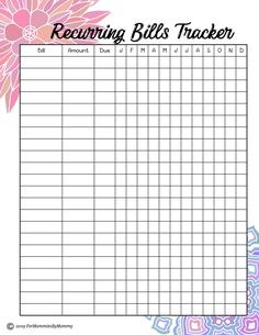 a printable sheet with the words, receipt bills tracker and flowers in pinks