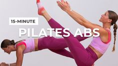 two women doing yoga poses with the text 15 minute pilates abs above them