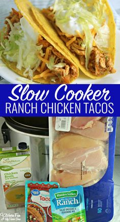 slow cooker ranch chicken tacos with shredded lettuce and cheese on the side