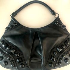 Burberry Studded Leather Handbag In Great Condition. Leather Shoulder Bag With Branded Hardware For Party, Party Leather Shoulder Bag With Branded Hardware, Elegant Evening Shoulder Bag With Leather Backing, Evening Satchel Shoulder Bag With Leather Backing, Burberry Black, Studded Leather, Burberry Bag, Leather Purse, Leather Handbag