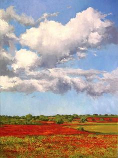 an oil painting of clouds over a field with red flowers and green grass in the foreground