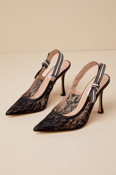 Strut like you mean it in the Steve Madden Bri Black Lace Ribbon Pointed-Toe Slingback Pumps! Sheer floral lace and smooth faux leather come together to shape these flirty pumps with a pointed-toe upper, a low-cut collar, and a single sole silhouette. A grosgrain ribbon creates a cute bow accent at the outstep as it adorns the slingback strap (with a bit of elastic at the side for fit). A sophisticated sculpted stiletto heel lends a sultry finish! 4" wrapped sculpted heel. Cushioned insole. Felt Elegant Low Heel Lace-up Heels, Elegant Lace Heels With Laces, Lace Heels For Evening And Spring, Spring Evening Lace Heels, Evening Lace Heels With 4-inch Heel, Spring Lace Heels With Pointed Toe, Lace Heels With Pointed Toe For Party, Lace Pointed Toe Heels For Party, Elegant Lace-up Synthetic Heels