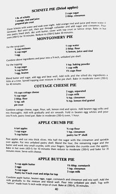 the menu for an apple pie is shown in black and white