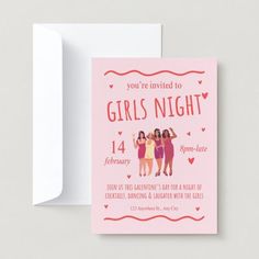 a pink card with the words girls night written on it and two women standing next to each other