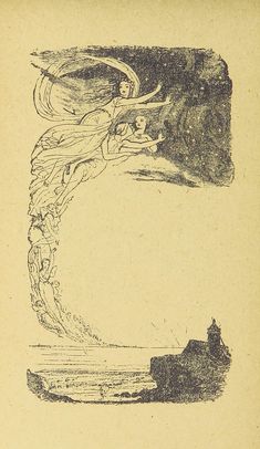 an old drawing of a woman standing in front of a wave with her arms outstretched