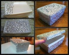 there are four different pictures of a box made out of glass beads and plastic bottle caps