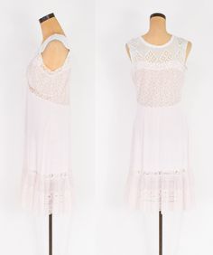 "1990s pink wearable fabric art vest    Creative mix of several vintage fabrics:    Pink brocade    Black lace    Pink cotton eyelet    White soutache trim    3 large white buttons    Bust 42\" (106.5 cm) Front Length 24\" (61 cm) Back Length 20\" (51 cm)     Created by Calif artist Georgia Madrid    $95 1900s White vintage crochet top slip dress    Women in the 1900s would crochet these for the tops of nightgowns    Now it has been added to a 1950s pale pink lace nylon slip body    Noticed the beautiful 10\" (25.5. cm) wonderful pleated hemline    Creative clever new idea for vintage pieces    Bust 38\" (96.5 cm) Waist 32\" (81.5 cm) Hips 44\" (112 cm) Length 42\" (106.5 cm)    $65 More Incredible Vintage:  glennasvintageshop.etsy.com Vintage Jewelry:  glennasjewels.etsy.com Instagram @gl Fitted Cotton Lace Dress For Spring, Summer Lace Dress With Lace Collar, Summer Lace Dress With Lace Collar For Daywear, Sleeveless Lace Patchwork Dress For Daywear, Sleeveless Lace Dress With Ruffles For Daywear, Sleeveless Lace Dress With Crochet Trim, Sleeveless Lace Dress With Lace Collar For Summer, Sleeveless Lace Dress For Daywear, Feminine Sleeveless Lace Dress For Daywear