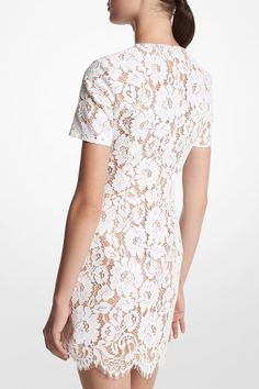 Michael Kors short sleeve dress in white floral. 62.1% cotton/23.2% nylon/14.7% rayon, Lining: 100% silk Dry clean Made in Italy Lace Short Dress, Michael Kors Clothes, Short Lace Dress, Lace Short, Michael Kors Collection, Lace Fashion, Romantic Style, Short Sleeve Dress, Clothing Size Chart