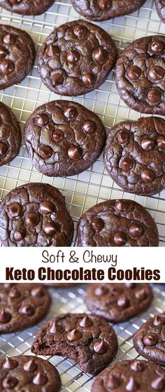 soft and chewy keto chocolate cookies on a cooling rack