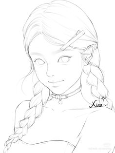 a drawing of a girl with long hair and braids, looking to the side