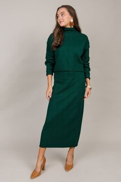 Shelby Sweater Set, Dark Green Kelly Green Sweater, Midi Sweater Skirt, Sweater And Skirt, Midi Skirt Set, Sweater Skirt Set, Green Turtleneck, Knit Midi Skirt, Blue Door, Cozy Chic