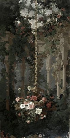 an artistic painting of flowers and trees in a room with columns on either side of the wall