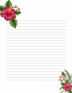 a blank lined paper with pink flowers and green leaves