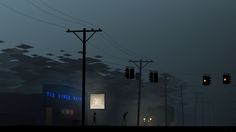 traffic lights and street signs on a foggy night