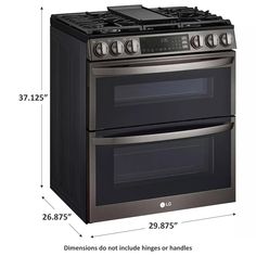 an image of two ovens side by side with measurements for each burner and top