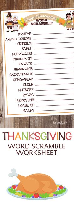 a thanksgiving word scramble worksheet with turkeys on the side and words that say,