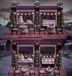 two different views of a restaurant with food on the table and in the background there is a cake display