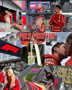 a collage of photos with the words pole position in red, and images of race drivers