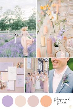 a collage of photos with lavender and peach hues