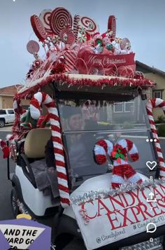 a golf cart decorated with candy canes and candies