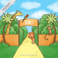 an image of a zoo entrance with monkeys and giraffes in the background