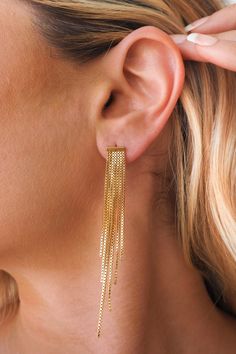 Details Gold Plated Box Chain Tassel Dangle Earrings Sizing Approx. 3 inches Gift Yellow Gold Linear Earrings With Box Chain, Gold Dangle Linear Earrings With Box Chain, Silver Gold-plated Linear Dangle Earrings, Yellow Gold Tassel Dangle Earrings, Gold-tone Dangle Linear Earrings In Brass, Box Chain, Ear Cuff, Tassels, Gold Plate