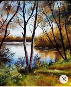 an oil painting of trees by the water