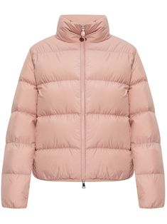 pink feather down padded design quilted high neck logo patch at the sleeve front two-way zip fastening long sleeves elasticated cuffs two side zip-fastening pockets